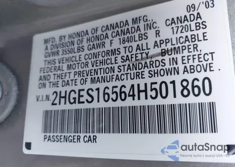 2004 Honda Civic Lx from USA, damaged, VIN 2HGES16564H501860
